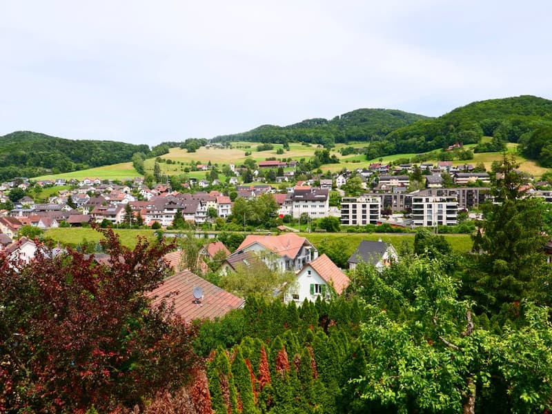 Scenic view of a small town nestled in a lush, green valley surrounded by rolling hills and mountains. The town features a mix of residential and commercial buildings with red-tiled roofs. The landscape is dotted with trees and greenery, creating a pictur