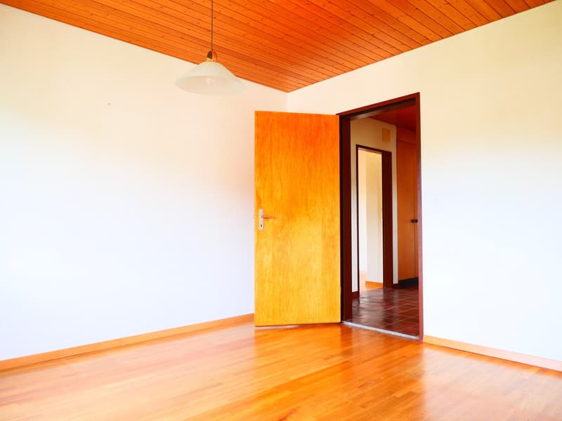 Spacious room with orange wooden ceiling, white walls, and hardwood flooring. The room has a wooden door leading to another room and a pendant light fixture hanging from the ceiling.