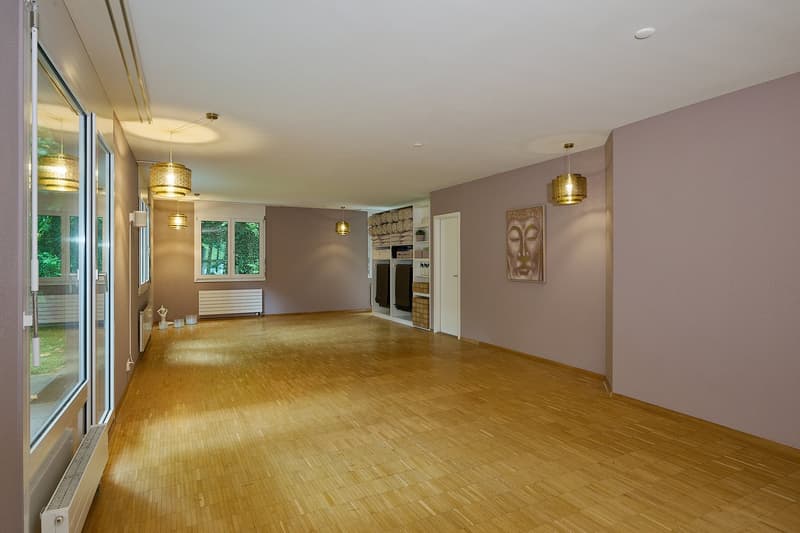 Empty room with wooden floors, white ceiling, glass doors, hanging lamps, glass windows, picture on wall, and shelves.