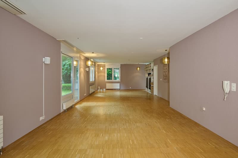 large hallway, hardwood floors, white walls, multiple windows, central lighting