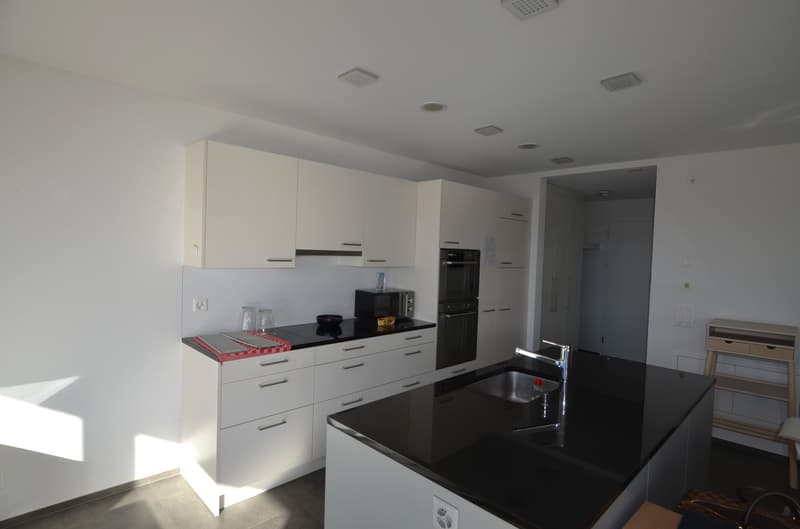 modern kitchen with white cabinets, black countertops, stainless steel sink, built-in oven, microwave, dishwasher, and a black countertop