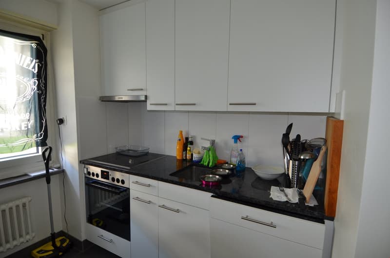 white cabinets, black countertops, oven, sink, window, radiator, cleaning tools