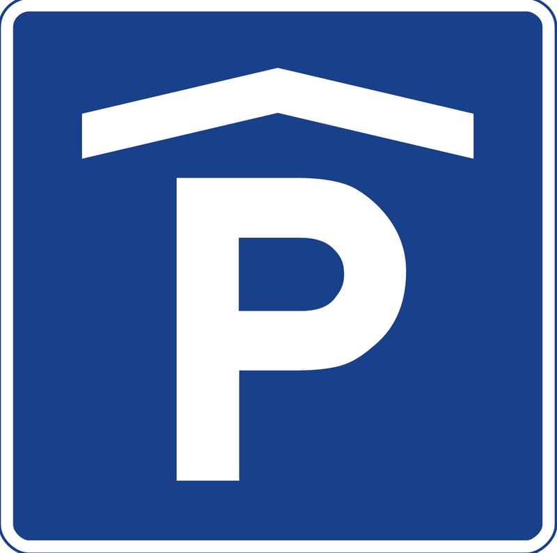 Parking sign, indicating a parking lot or garage