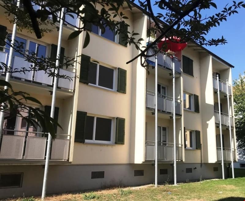 4 story apartment building, white exterior, green shutters, balconies, courtyard in front