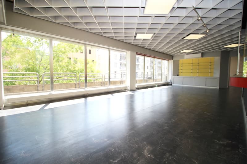 Large open space with grid ceiling, large windows overlooking a balcony, concrete floor, and storage lockers along the wall