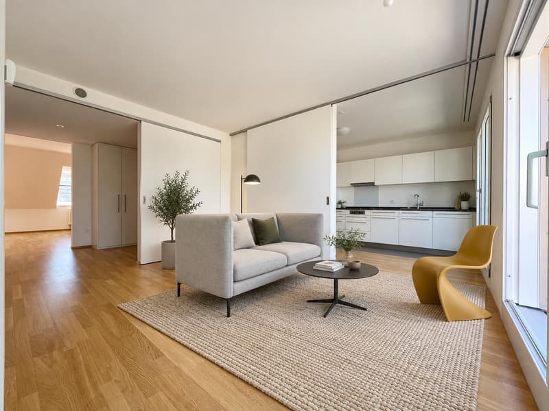 Zimmer 1 (Die abgebildeten Möbel wurden mithilfe von KI ergänzt und dienen ausschliesslich der Veranschaulichung der Räume; die Wohnung wird unmöbliert vermietet)