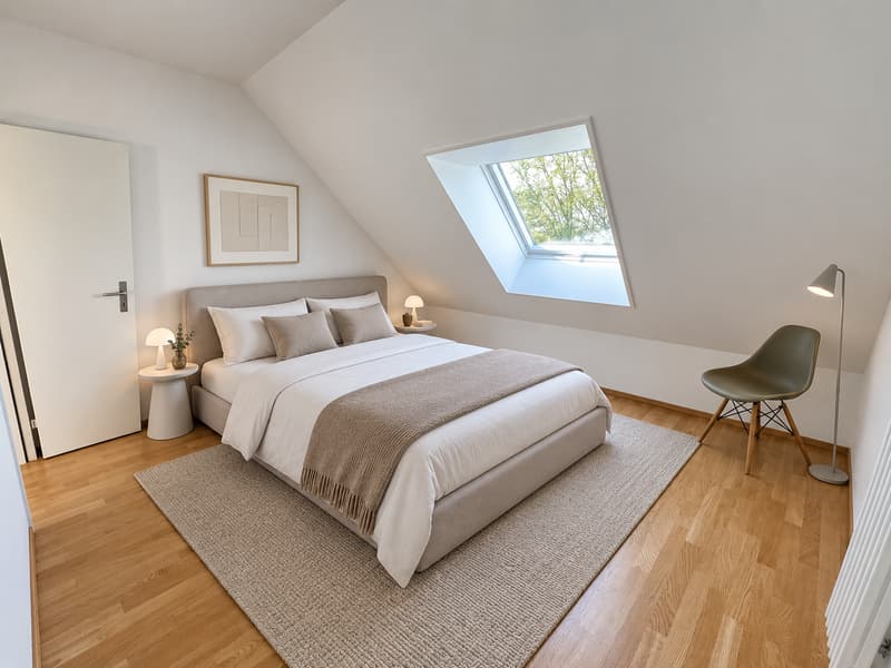 Zimmer 2 (Die abgebildeten Möbel wurden mithilfe von KI ergänzt und dienen ausschliesslich der Veranschaulichung der Räume; die Wohnung wird unmöbliert vermietet)