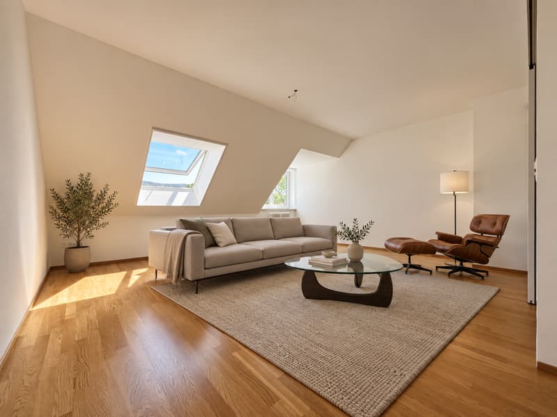 Wohnzimmer (Die abgebildeten Möbel wurden mithilfe von KI ergänzt und dienen ausschliesslich der Veranschaulichung der Räume; die Wohnung wird unmöbliert vermietet)