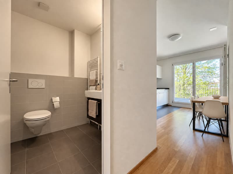 Küche / Badezimmer (Die abgebildeten Möbel wurden mithilfe von KI ergänzt und dienen ausschliesslich der Veranschaulichung der Räume; die Wohnung wird unmöbliert vermietet)