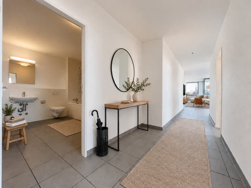 Korridor / Badezimmer (Die abgebildeten Möbel wurden mithilfe von KI ergänzt und dienen ausschliesslich der Veranschaulichung der Räume; die Wohnung wird unmöbliert vermietet)