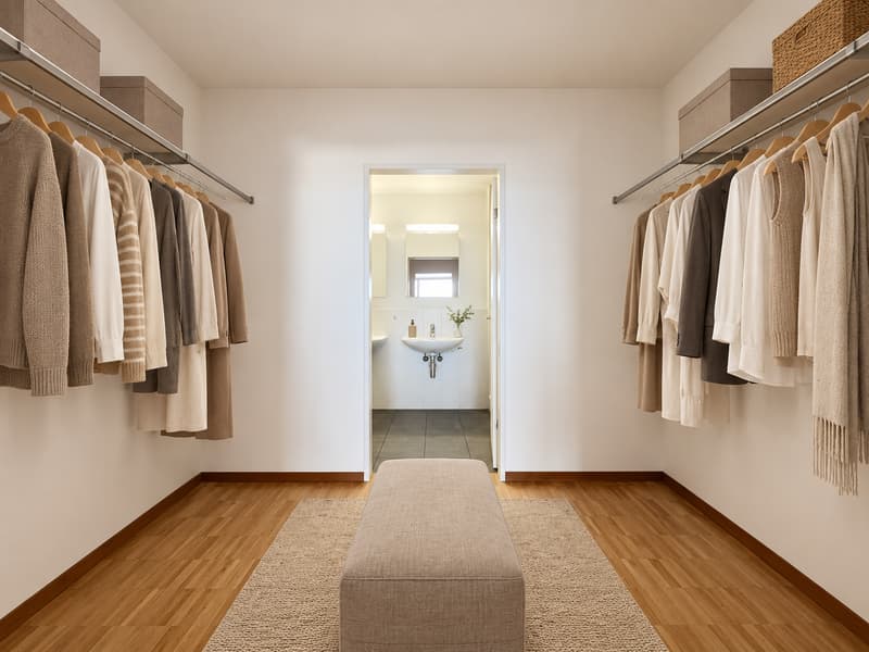 Ankleide (Die abgebildeten Möbel wurden mithilfe von KI ergänzt und dienen ausschliesslich der Veranschaulichung der Räume; die Wohnung wird unmöbliert vermietet)