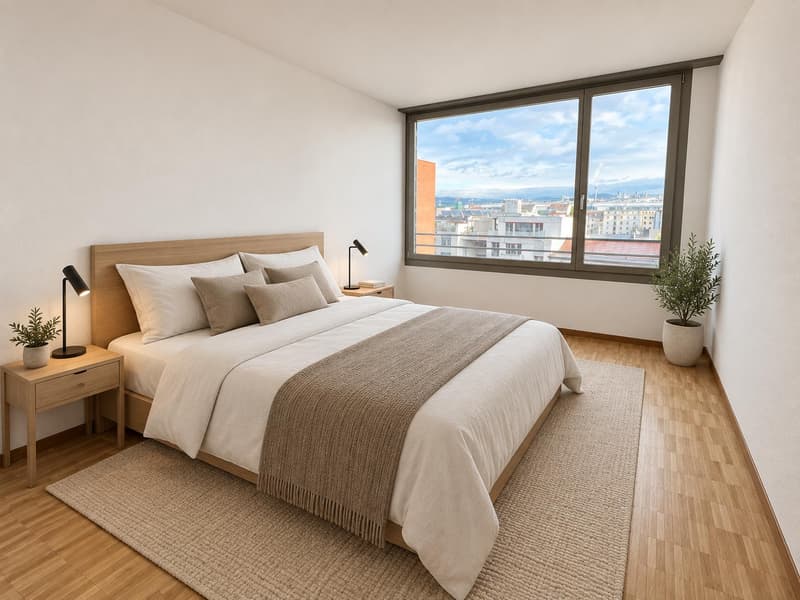 Zimmer 1 (Die abgebildeten Möbel wurden mithilfe von KI ergänzt und dienen ausschliesslich der Veranschaulichung der Räume; die Wohnung wird unmöbliert vermietet)