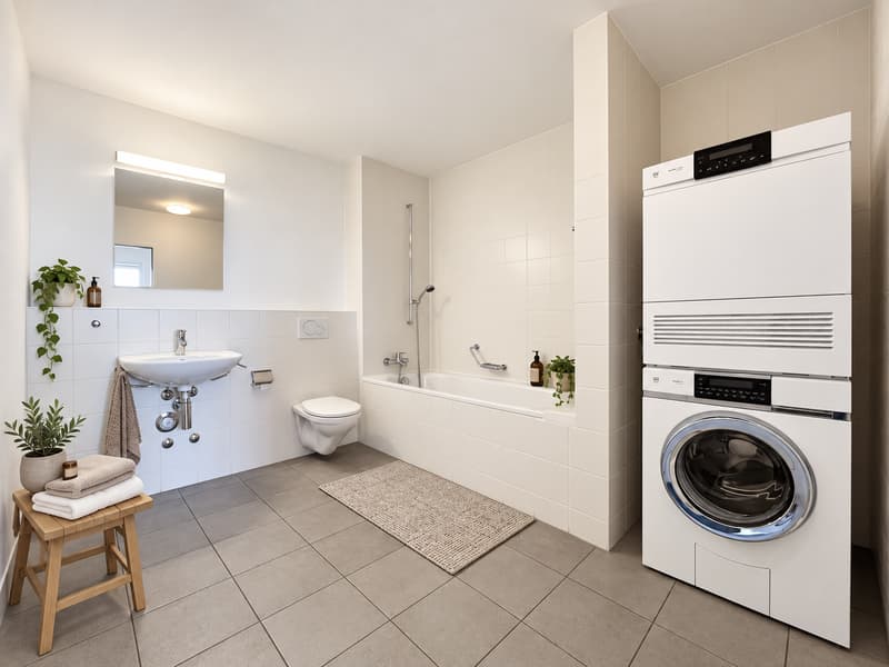 Badezimmer (Die abgebildeten Möbel wurden mithilfe von KI ergänzt und dienen ausschliesslich der Veranschaulichung der Räume; die Wohnung wird unmöbliert vermietet)
