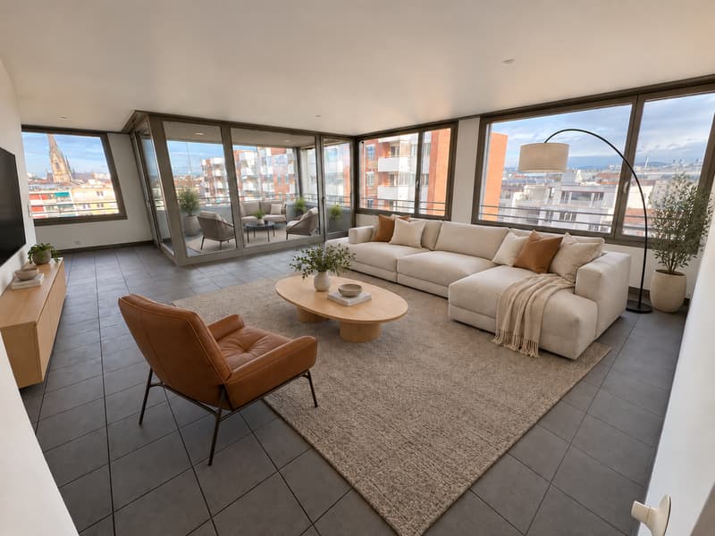 Wohnzimmer (Die abgebildeten Möbel wurden mithilfe von KI ergänzt und dienen ausschliesslich der Veranschaulichung der Räume; die Wohnung wird unmöbliert vermietet)