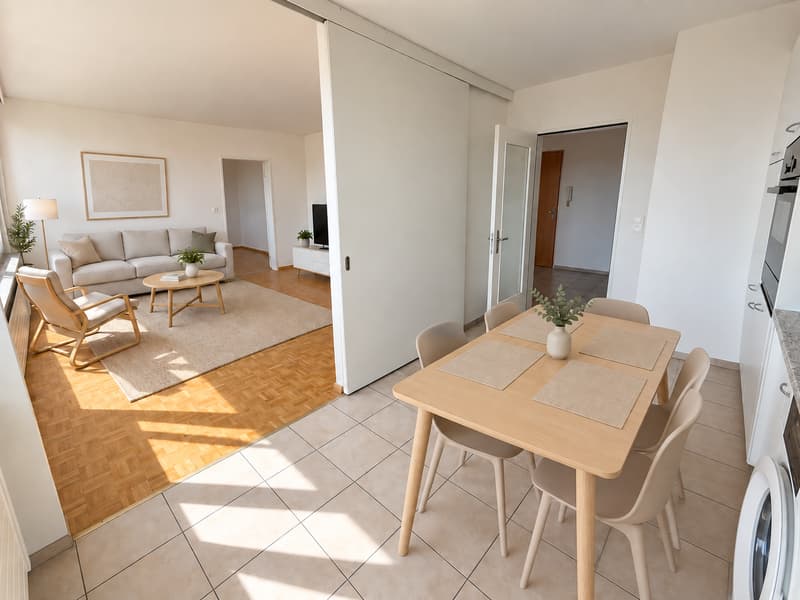 Küche / Wohnzimmer (Die abgebildeten Möbel wurden mithilfe von KI ergänzt und dienen ausschliesslich der Veranschaulichung der Räume; die Wohnung wird unmöbliert vermietet)