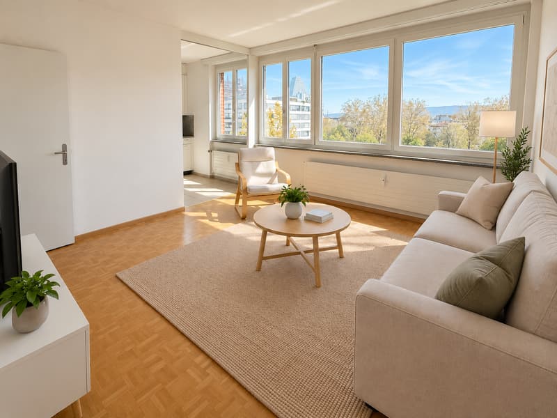 Wohnzimmer (Die abgebildeten Möbel wurden mithilfe von KI ergänzt und dienen ausschliesslich der Veranschaulichung der Räume; die Wohnung wird unmöbliert vermietet)