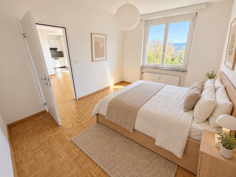 Zimmer 1 (Die abgebildeten Möbel wurden mithilfe von KI ergänzt und dienen ausschliesslich der Veranschaulichung der Räume; die Wohnung wird unmöbliert vermietet)