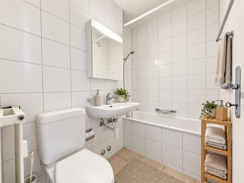 Badezimmer (Die abgebildeten Möbel wurden mithilfe von KI ergänzt und dienen ausschliesslich der Veranschaulichung der Räume; die Wohnung wird unmöbliert vermietet)
