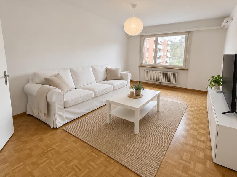 Wohnzimmer (Die abgebildeten Möbel wurden mithilfe von KI ergänzt und dienen ausschliesslich der Veranschaulichung der Räume; die Wohnung wird unmöbliert vermietet)