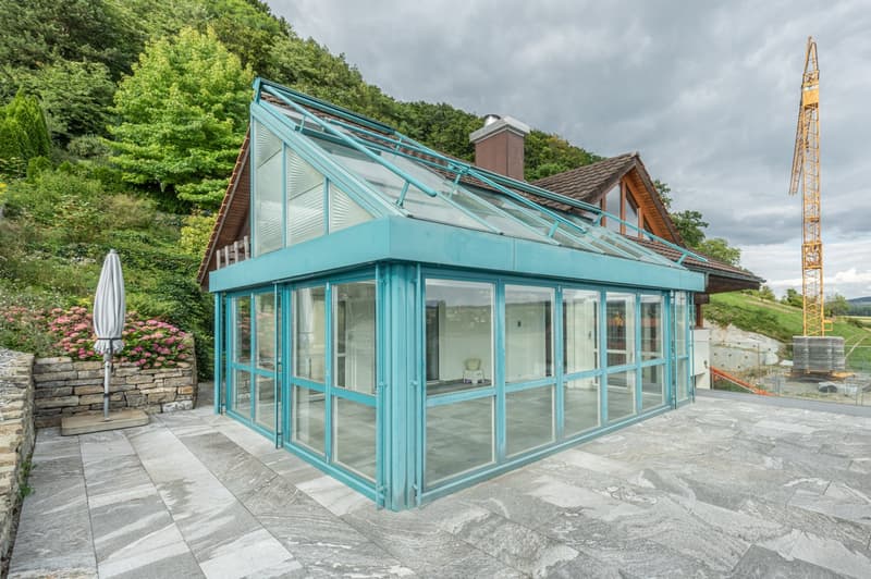 modern extension, blue glass walls, terrace, surrounded by trees