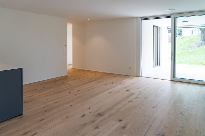 empty room, wooden floor, white walls, sliding glass door, power outlet