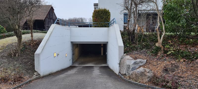 Concrete entrance with blue railings, leading to a garage