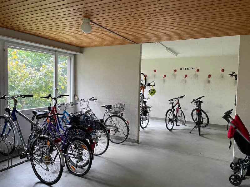 multiple bicycles are parked in a space with wooden ceilings, white walls, an illuminated lamp, a reflection from the window and bicycles hooks on the wall