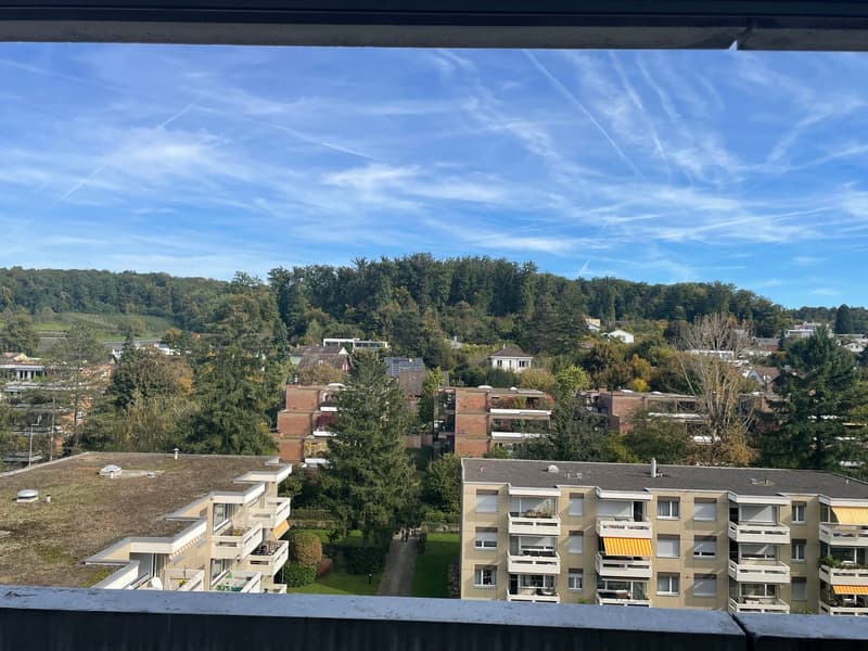 Overview of neighborhood, multiple apartment buildings, forested hill, clear blue sky