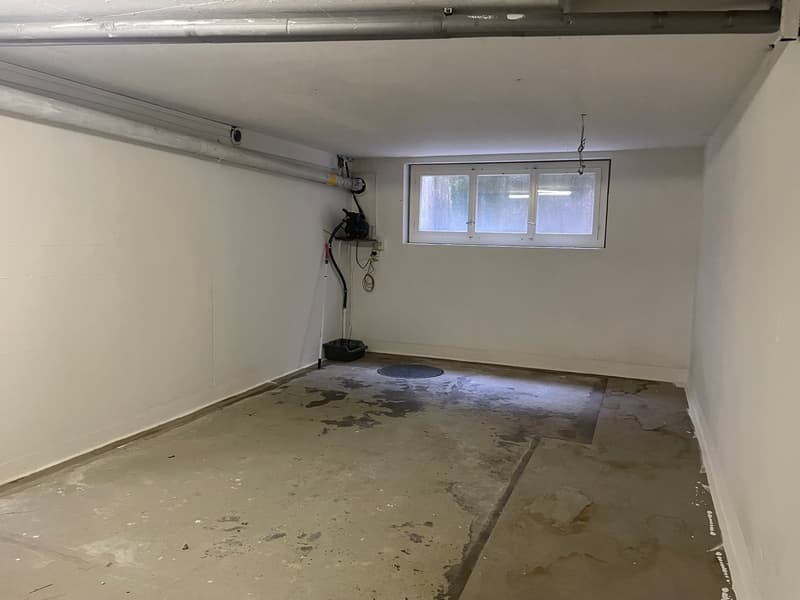 empty room, white walls, concrete floor, small window, drain in the floor