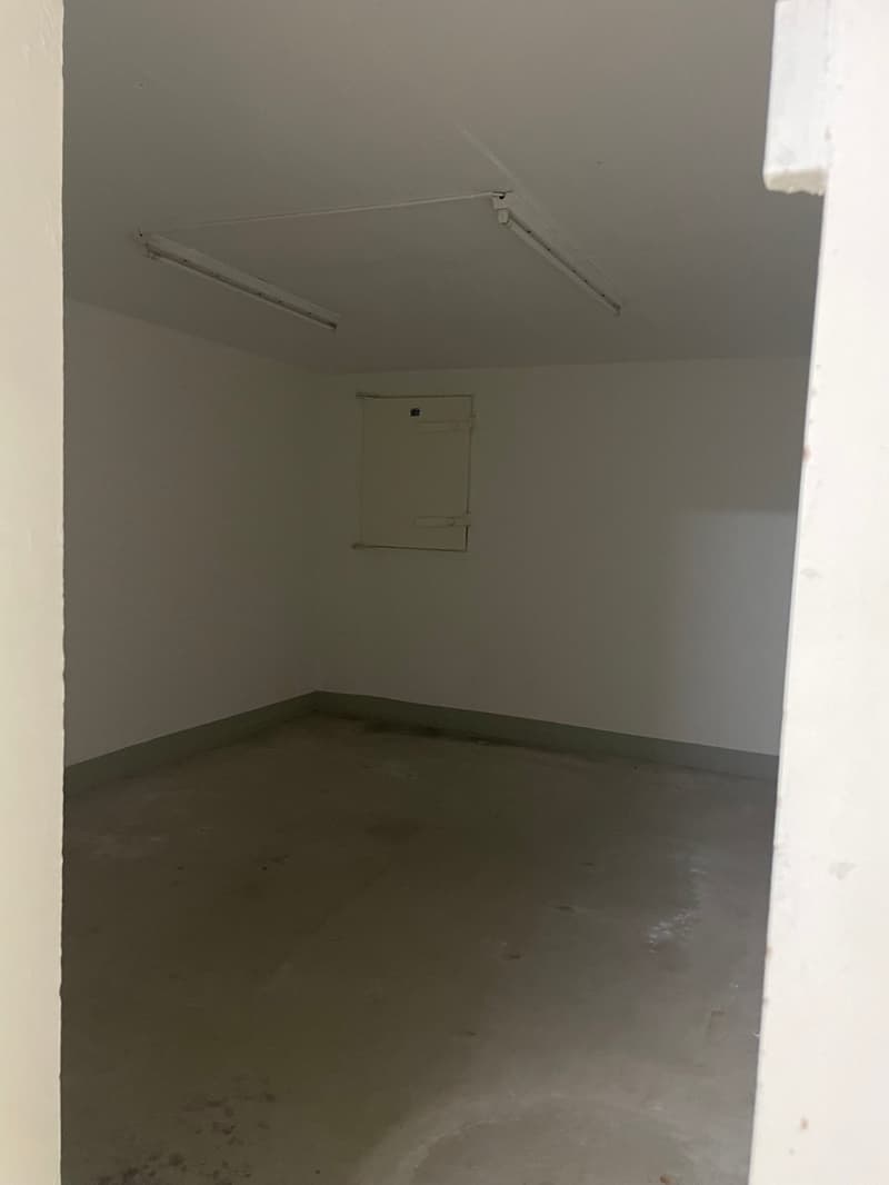 Empty room, white walls, concrete floor, two ceiling lights, small window