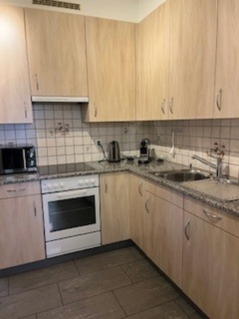 modern kitchen, wooden cabinets, granite countertops, white appliances, sink, faucet, microwave, coffee maker