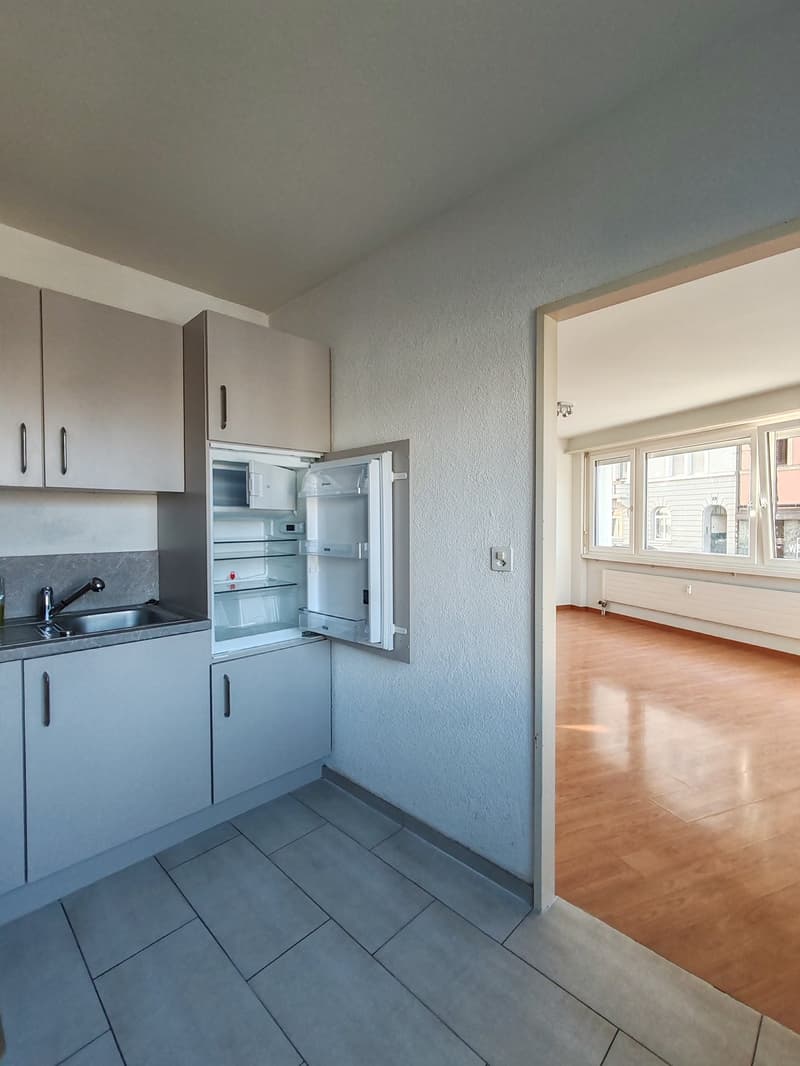 kitchenette, small kitchen, refrigerator, sink, wooden floors, tiled floors
