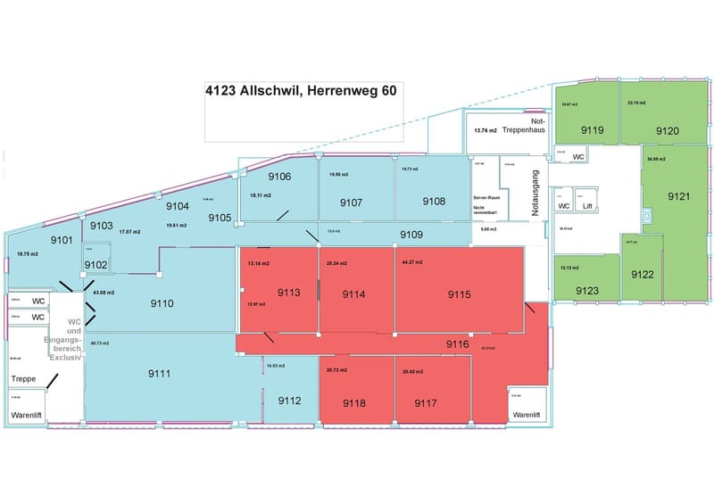 floor plan with marked rooms and areas, stairwells, lifts, storage rooms, WCs
