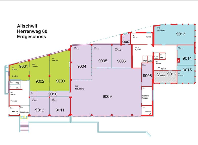 Floor plan with multiple rooms labeled with room numbers and sizes, including living room, kitchen, bedrooms, bathrooms, and storage areas.