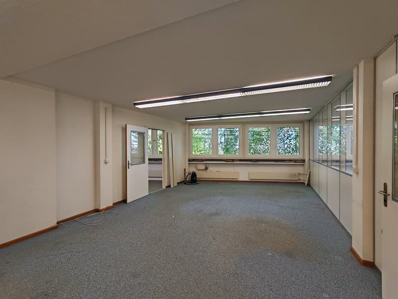 empty room, white walls, gray carpet, fluorescent ceiling lights, glass windows, open door