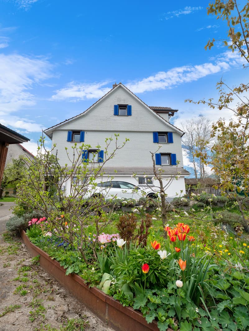 Two-story white house with blue shutters, surrounded by a lush garden with colorful tulips and other flowering plants in the foreground.