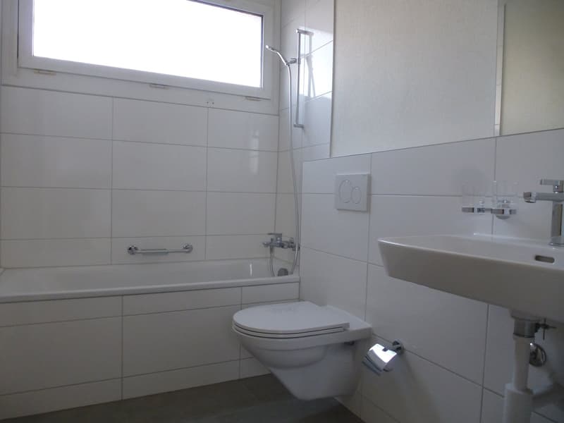 modern bathroom with bathtub, shower, toilet, sink, white tiles, mirror, shower hose