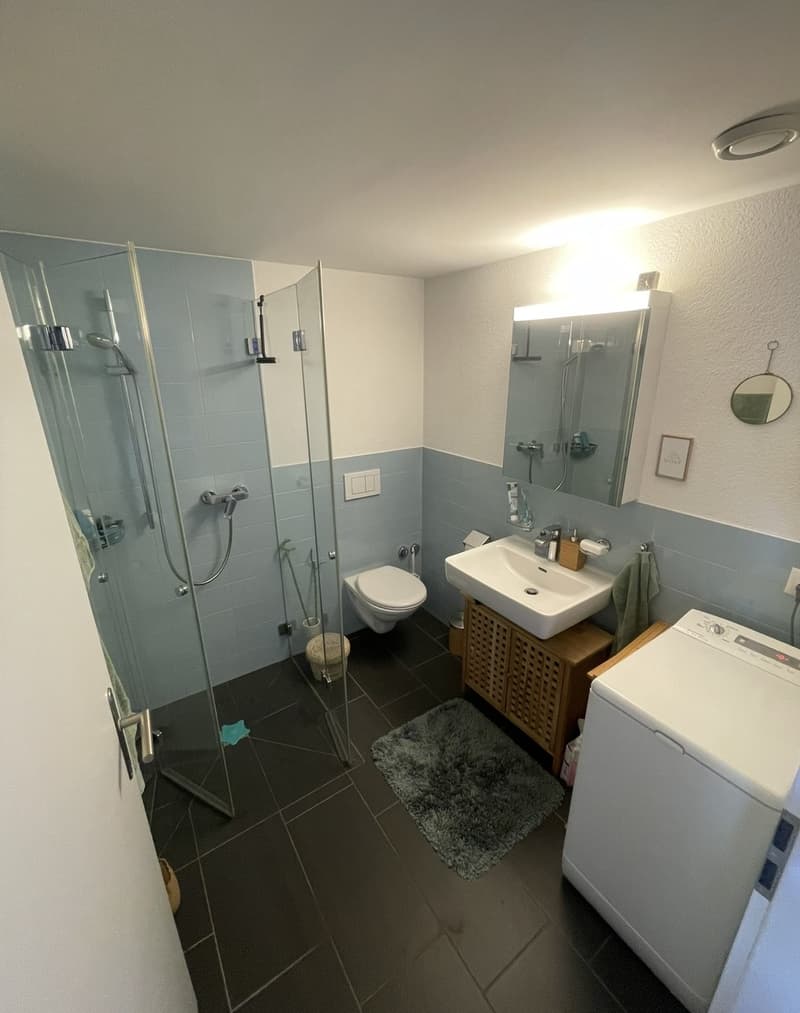 Badezimmer mit Dusche und Waschmaschine