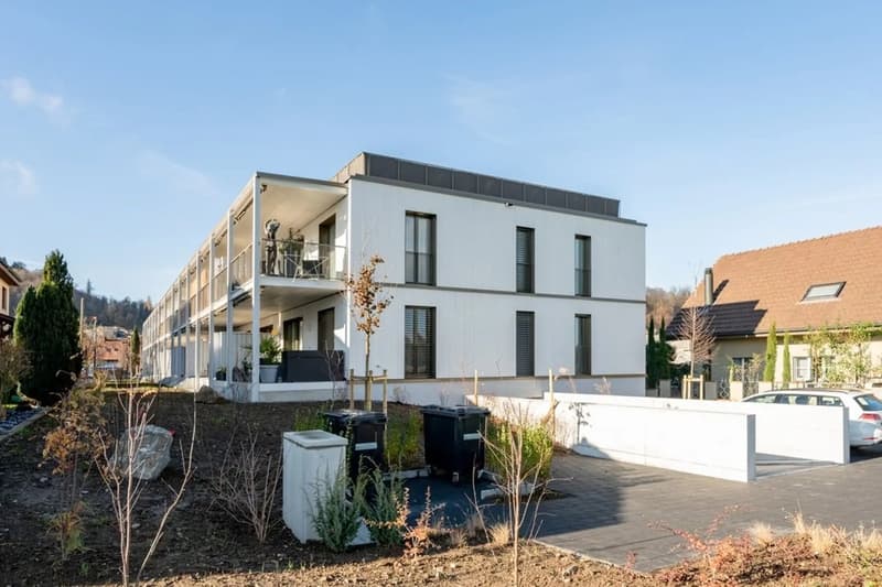 Einfahrt mit Tiefgarage und Parkplatz (rechts)