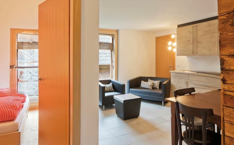 Blick in Küche und Wohnzimmer
