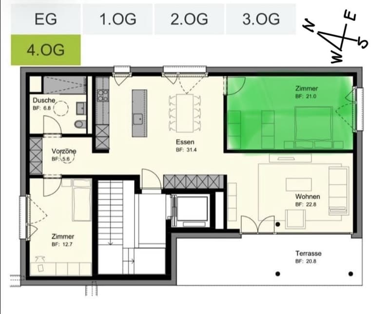 Untermieterin gesucht: Helles & grosszügiges Zimmer (21 m²) in moderner Attikawohnung mit grosser Terrasse & tollem Ausblick (2er-WG, teilmöbliert) (2)