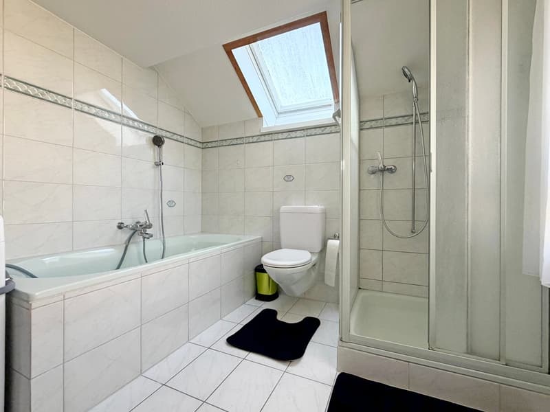Bathtub, toilet, shower with showerhead, white tiles, skylight