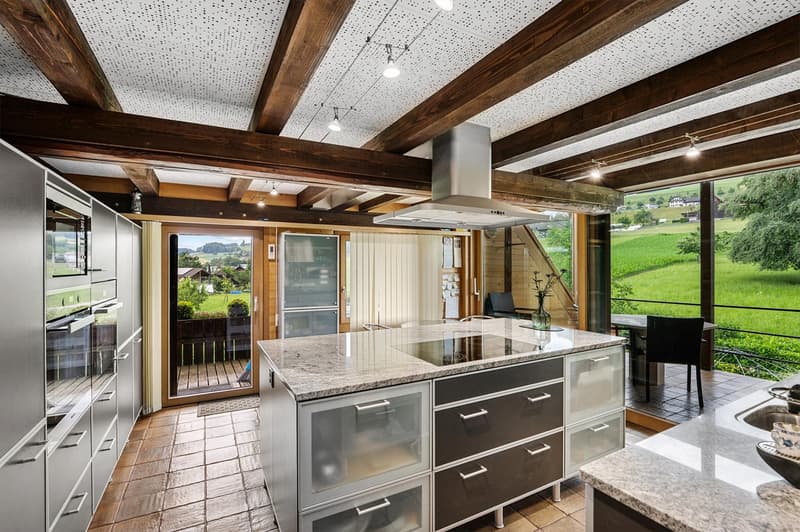 Modern kitchen, large central island, balcony, windows, wooden beams, panoramic view