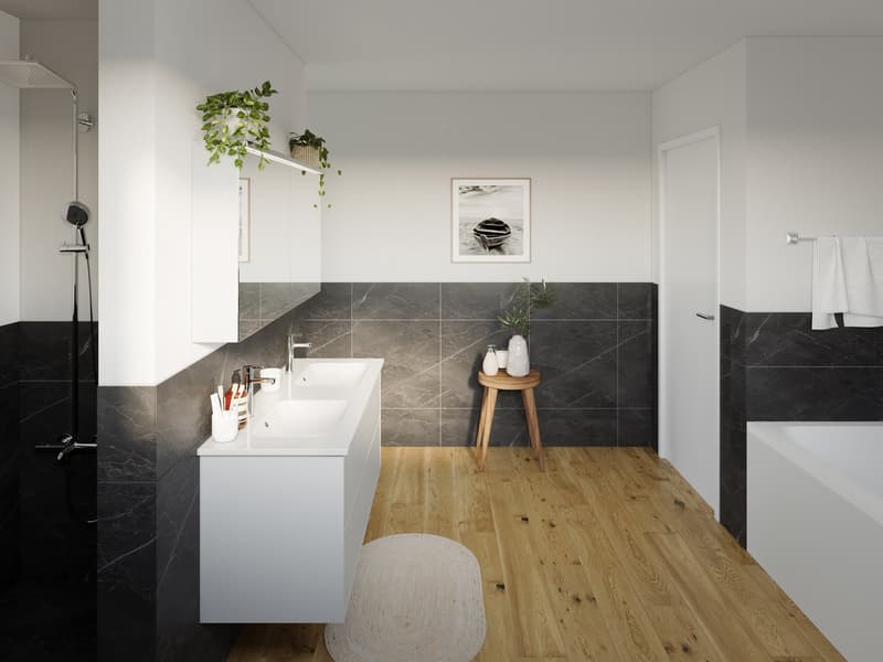 modern bathroom with black and white tiles, wooden floor, white vanity, shower, bathtub, stool, plants