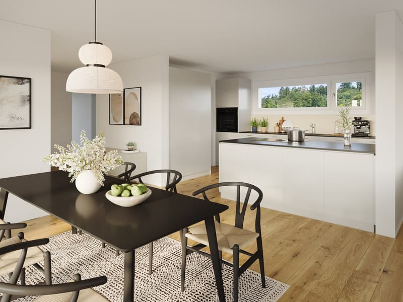 Dining room with a black table, white chairs, white cabinets, wooden floor, white walls, kitchen island, and a window with a view of trees.