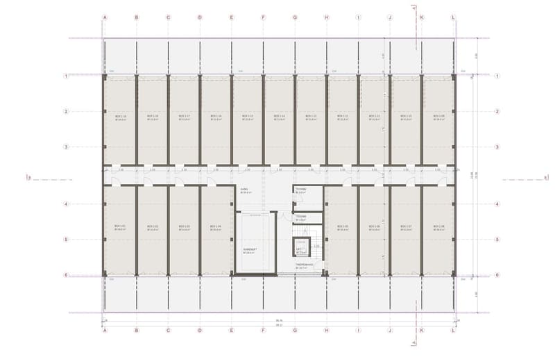 Floor plan with multiple boxes labeled BOX 1-19 to BOX 1-08, each with dimensions, and a central TECHNIK area with dimensions.