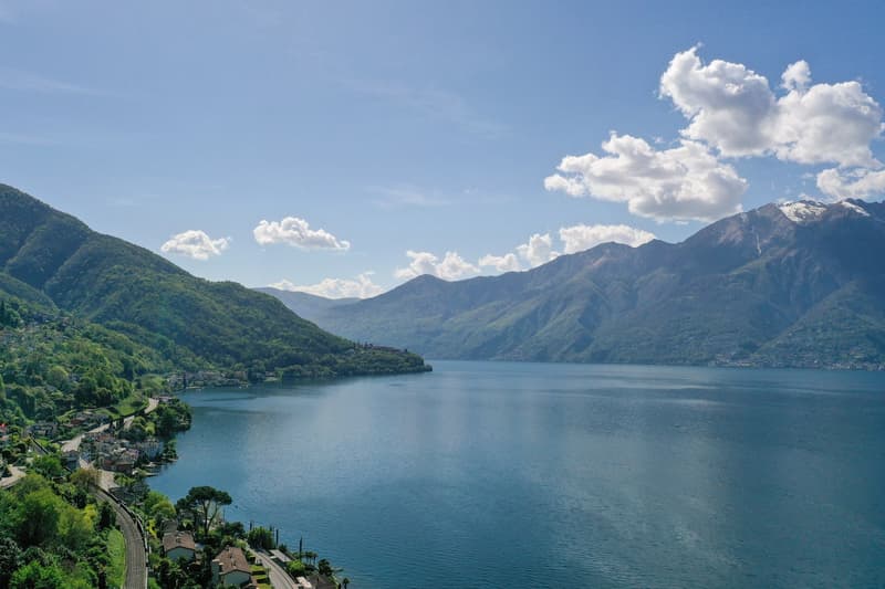 lake, mountains, houses, road, trees