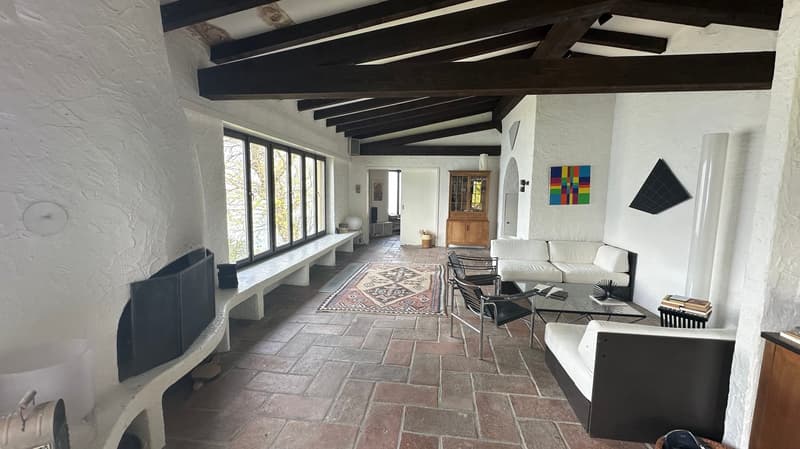white walls, wooden ceiling, fireplace, large windows, white couch, rug, coffee table, chairs