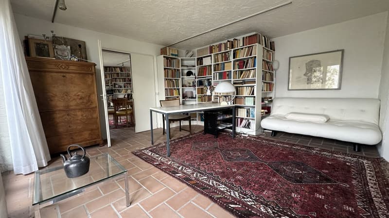study room with desk, chair, bookshelf, couch, rug, lamp, kettle, glass table