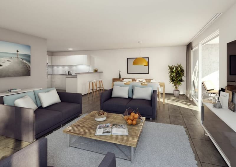 Wohn-/Esszimmer mit Blick zu Küche (visualisiert)